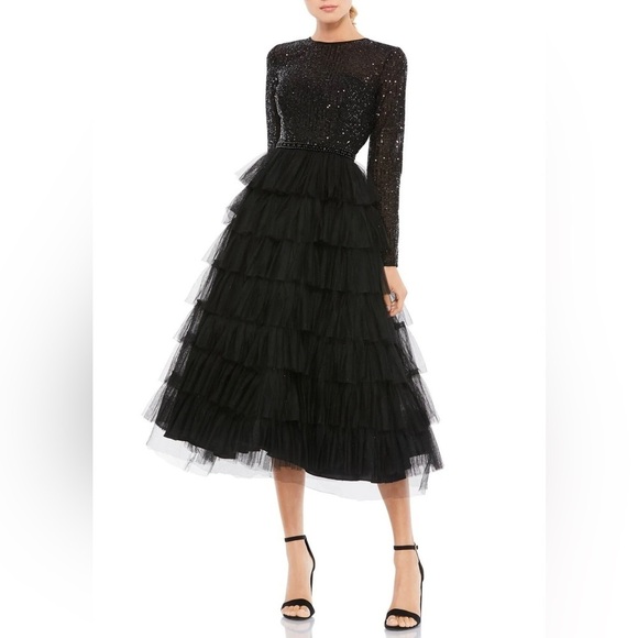 NWT Ieena Mac Duggal Black Long Sleeve Ruffle Tiered Midi Dress Sequin Sz 4 - Picture 16 of 16
